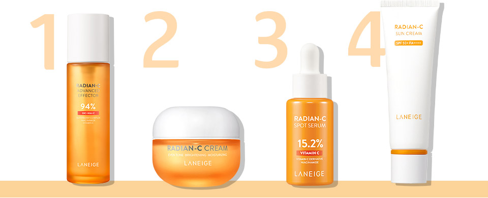 1.Radian-C Advanced Effector 2.Radian-C Cream 3.Radian-C Spot Serum 4.Radian-C Suncream